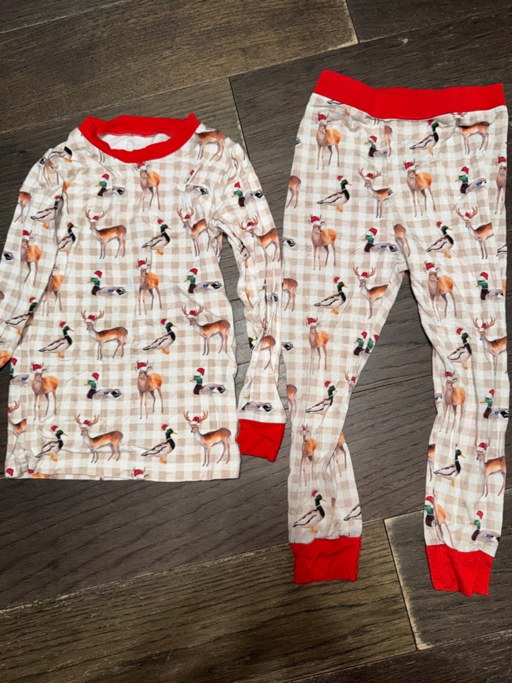 Kids Holiday Plaid Deer & Duck Pajama Set - Red Trim